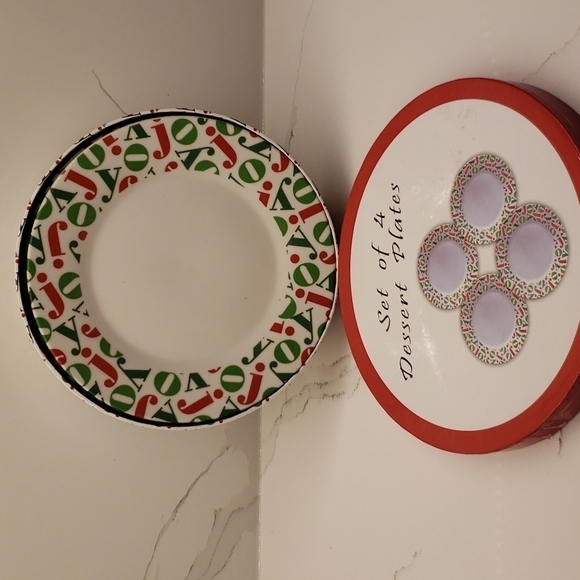 set of 4 Classic Giftware Inc. Dessert Plates ceramic Christmas dishes JOY - Picture 2 of 8